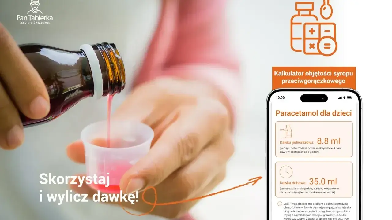 Paracetamol dawkowanie dzieci: aplikacja pomaga obliczyć bezpieczną dawkę syropu przeciwgorączkowego dla dziecka.